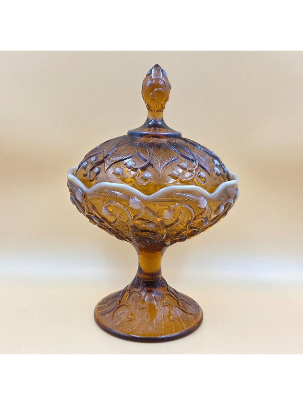 Fenton Lily of the Valley Cameo Opalescent Tall Footed Candy Box With Lid